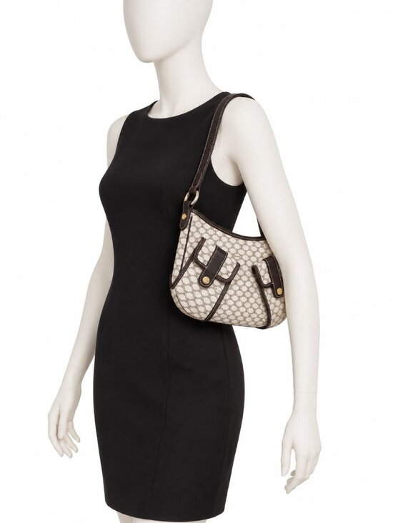 Celine Handbags - Celine Macadam Shoulder Bag Brown Leather Trim Monogram Hobo Bag